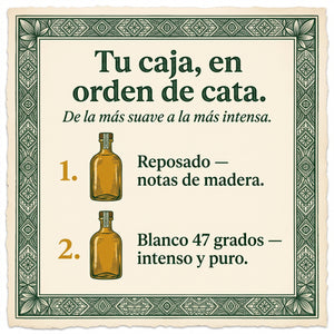 Tu caja, en orden de cata: Reposado y Blanco 47 — de la más suave a la más intensa