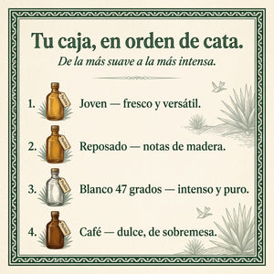 Tu caja, en orden de cata: Joven, Reposado, Blanco 47 y Café — de la más suave a la más intensa