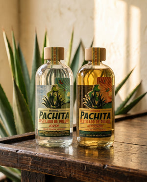 Paquete Joven y Reposado, destilado de pulque Pachita, en escena
