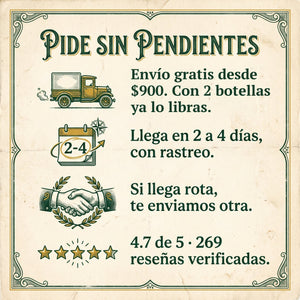 Pide sin pendientes: envío gratis desde $900 — con 2 botellas ya lo libras, llega en 2 a 4 días con rastreo, si llega rota te enviamos otra, 4.7 de 5 con 269 reseñas verificadas