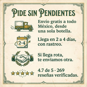 Pide sin pendientes: envío gratis a todo México desde una sola botella, llega en 2 a 4 días con rastreo, si llega rota te enviamos otra, 4.7 de 5 con 269 reseñas verificadas